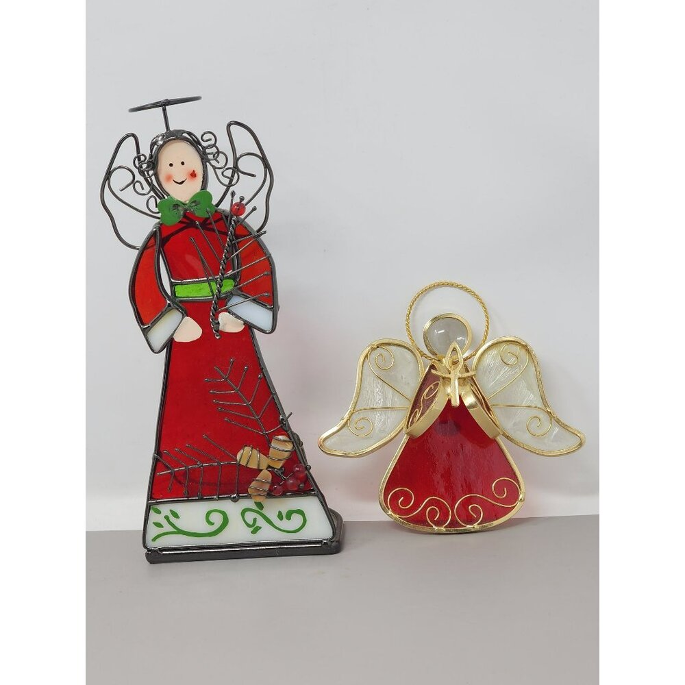Lot of 2 Stained Glass Angels Sunchatchers Window Hanging & Tealight Candle Hold